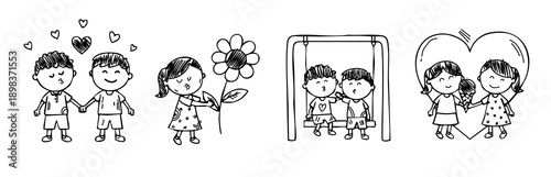 simple black line drawings of children playing and swinging in the park