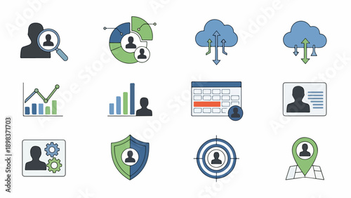 Collection of business and data icons, depicted in flat, colorful illustrations