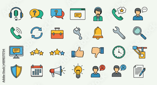 Collection of various, simple vector icons, representing communication and service