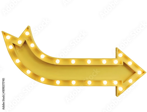 Curved yellow marquee arrow sign with glowing light bulbs pointing right isolated on transparent background for vintage advertising promotion