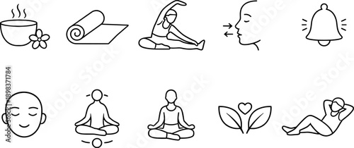 Collection of simple line icons representing wellness, meditation, and relaxation activities