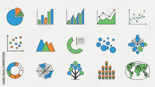 Colorful, simple charts and graphs for data representation