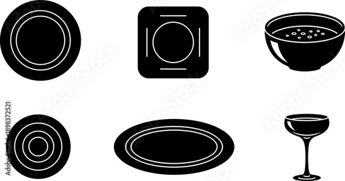 Collection of simple black and white icons representing various tableware items