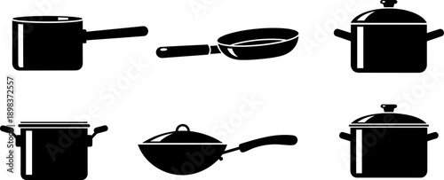 Collection of black kitchen cookware icons including pots, pans, and woks on a white background