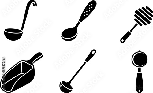 Collection of six black kitchen utensil icons on a white background