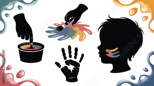 Childs Silhouette with Painted Hands in Vibrant Colors on Black Background with Creative Artistic Expression for Artistic Projects