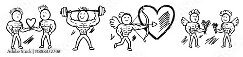 hand drawn sketches of muscular men cupid and romantic heart shapes set