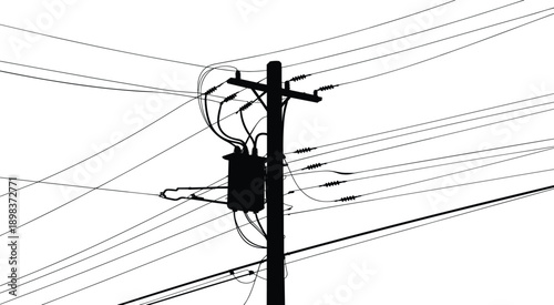 Silhouette of electric power pole with transformer, high voltage wires, utility pole, electricity distribution, electrical infrastructure, energy supply, urban power lines, communication cables