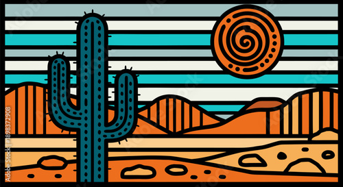 Stylized desert landscape vector illustration with a saguaro cactus and sun against a striped sky