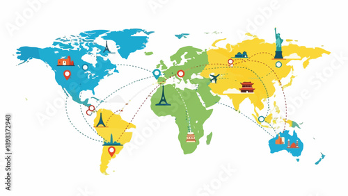 Colorful illustrated world map, showcasing travel routes with iconic landmarks