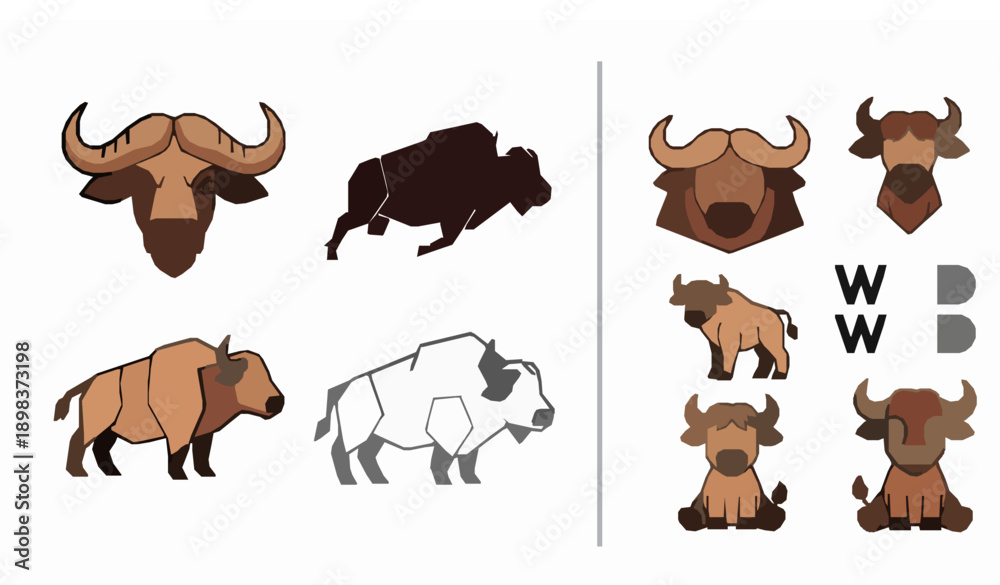 Fototapeta premium buffalo, cartoon, cute, funny, adorable, character, mascot, smiling, playful, kids, child, nursery, baby, calf, animal, wildlife, friendly, vector, flat, illustration, colorful, isolated, white, set, 