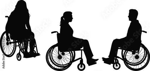 Silhouette of disabled man and women sitting in wheelchairs, illustrating disability, mobility aid, healthcare, and accessibility for inclusion and awareness