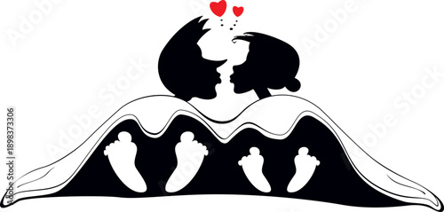 Young man and woman kissing, laying in the bed