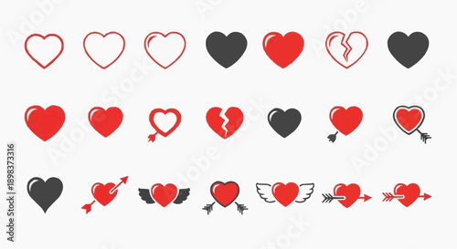 Collection of red and black heart icons in various styles and emotions on white background