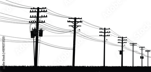 Silhouette of electric utility poles and power lines in a row, rural infrastructure, electricity distribution, black vector illustration on white background