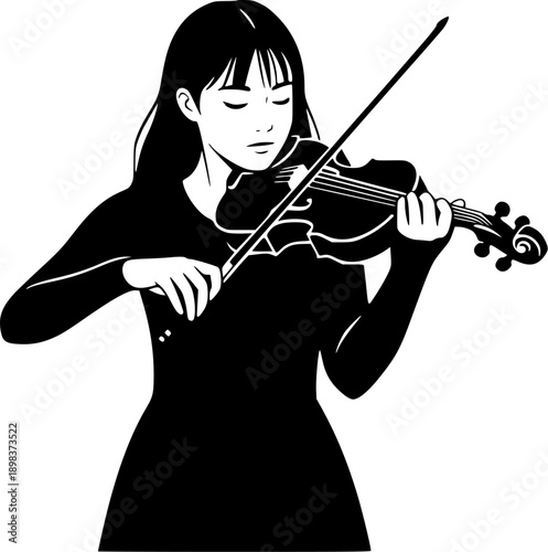 Black and white silhouette of young female violinist playing violin for concert and classical music concept