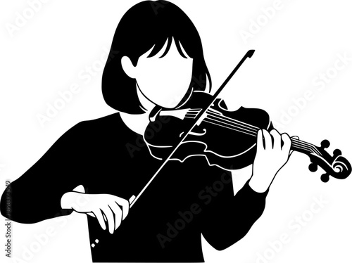 Minimal black and white faceless female violinist silhouette illustration for classical music concept