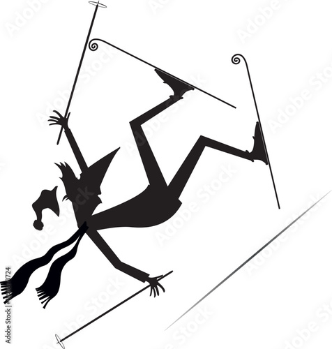 Winter sport. Falling down skier man silhouette