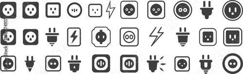 Collection of Electrical Plugs and Sockets Icons with Lightning Bolts Keywords: electrical, plug, socket, outlet, power, energy