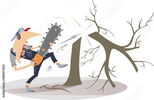 Chainsaw worker cuts wood with chainsaw