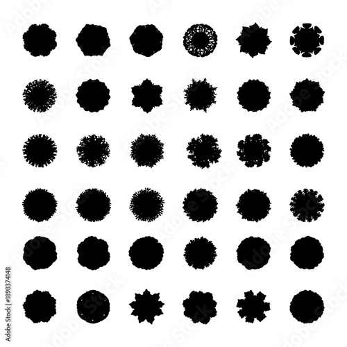 Set of 25 trees in side top view, architectural symbols for facade drawings, different species and heights, clean vector outline, thin consistent line, technical illustration style