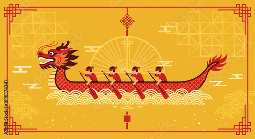 Dragon Boat Festival Illustration with Red Dragon Boat and Paddlers