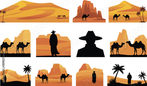 Desert landscape illustration set with camels, palm trees and nomad silhouettes, sandy dunes and rocky mountains, Middle Eastern travel scenery, flat vector collection