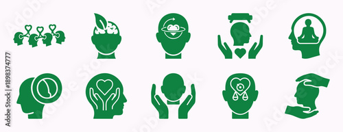 A comprehensive set of green icons representing various aspects of mental health and well-being Vector