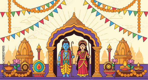 Stylized illustration featuring Indian deities, temples, and celebratory decor