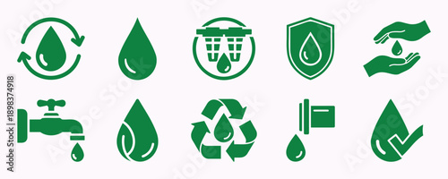 A collection of green water icons symbolizing conservation, purification, and usage Vector