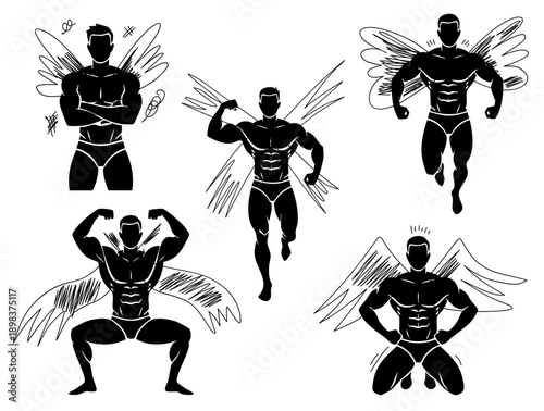 strong muscular male characters with wings posing in various athletic body positions
