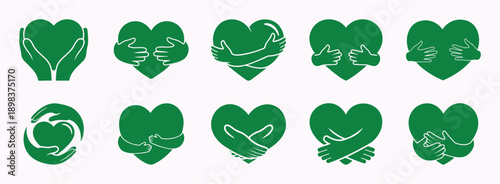Collection of green heart icons depicting hands expressing care, love, and support Vector