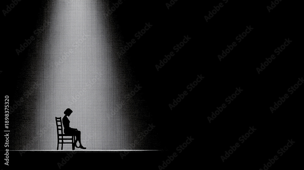 Fototapeta premium Depressed Woman Sitting Alone Under Spotlight Black and White Dramatic Scene