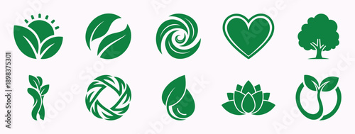 Collection of vibrant green nature and organic icons for eco-friendly design elements Vector