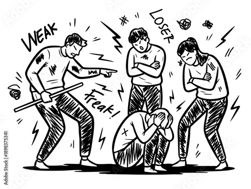 scene of social bullying showing people being teased with negative text labels