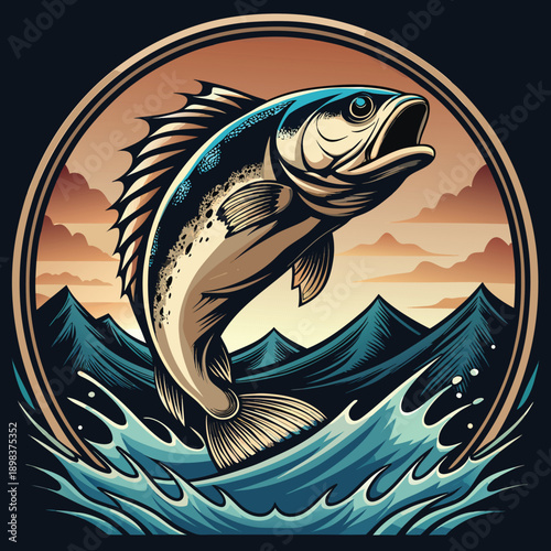 A black and white line art illustration of a fish leaping out of water, centered in the frame. The fish is a detailed depiction of a specific fish species, likely a bass or similar fish, with scales m