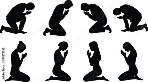 People praying in kneeling poses silhouette set, men and women worship gestures, spiritual devotion and faith concept, religious prayer positions, vector illustration