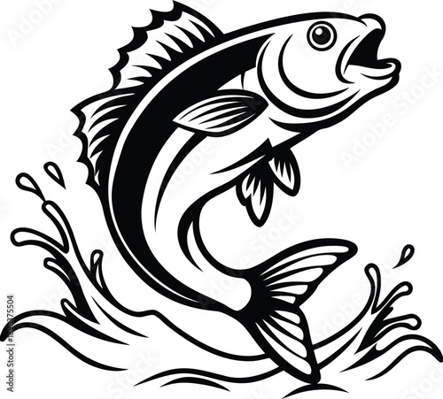 A black and white line art illustration of a fish leaping out of water, centered in the frame. The fish is a detailed depiction of a specific fish species, likely a bass or similar fish, with scales m