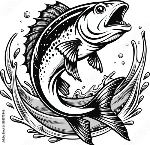A black and white line art illustration of a fish leaping out of water, centered in the frame. The fish is a detailed depiction of a specific fish species, likely a bass or similar fish, with scales m