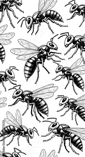 Dynamic Insect Action, Bees, Botanical Environment, Illustrative Artwork, Nature, Close-Up View, Entomology Concept