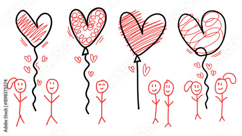 red heart balloons held by simple stick figure characters in sketchy style