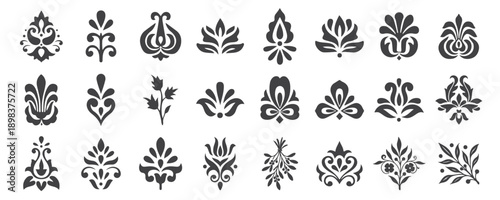 Collection of black and white vintage floral motifs and ornamental design elements, including decorative flowers, leaves, patterns, and elegant embellishments for creative and decorative use