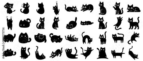Collection of various cat silhouettes, featuring different poses, and actions, including sitting, walking, stretching, and playful positions for design, illustration, and decorative use