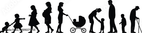 Silhouette of human life stages from baby to elderly, family generations concept, growth aging development illustration isolated on white background