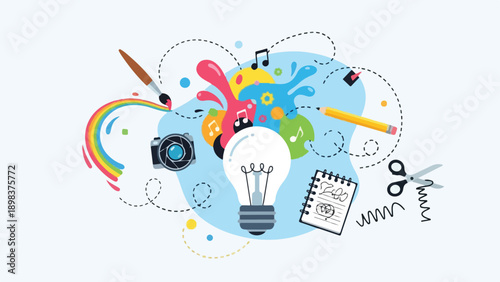 Creative concept illustration with art tools and colorful splashes