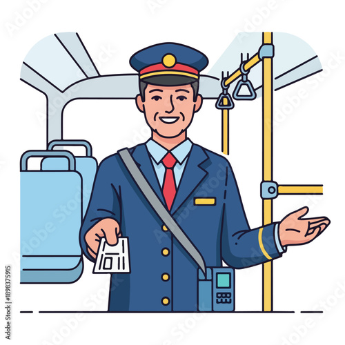 Illustration of a smiling bus conductor handing a ticket