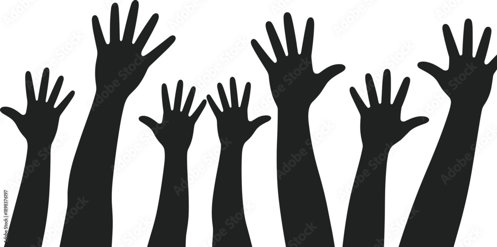 Fototapeta premium Multiple raised hands in silhouette against a white background vector