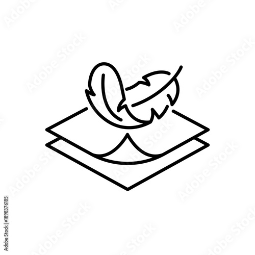 Fabric with feather filler icon set. High comfort structure, less weight, sensitive skin. Comfort fabric softener label, logo, badge, sign, symbol, black, line, flat vector, isolated illustration.