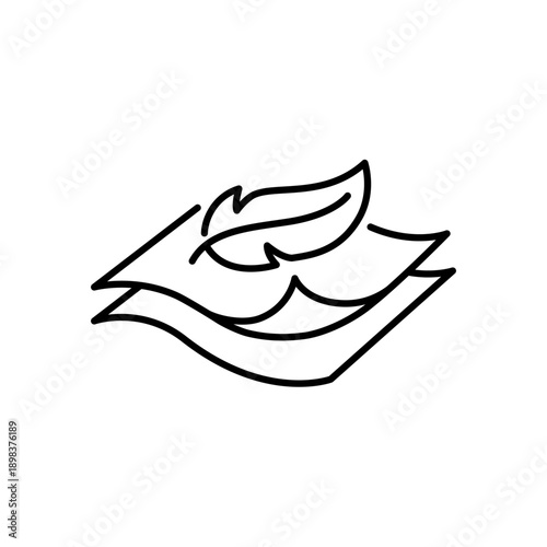 Fabric with feather filler icon set. High comfort structure, less weight, sensitive skin. Comfort fabric softener label, logo, badge, sign, symbol, black, line, flat vector, isolated illustration.
