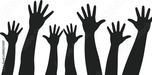 Multiple raised hands in silhouette against a white background vector
